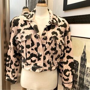 NWOT Misguided pink cow print denim jacket